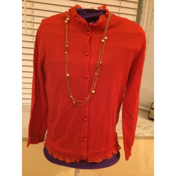 Orange-red J.Crew cardigan with ruffle detail