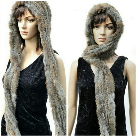 Genuine Rex  Rabbit Fur Hooded Scarf