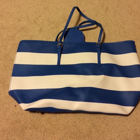 Blue and white striped beach bag