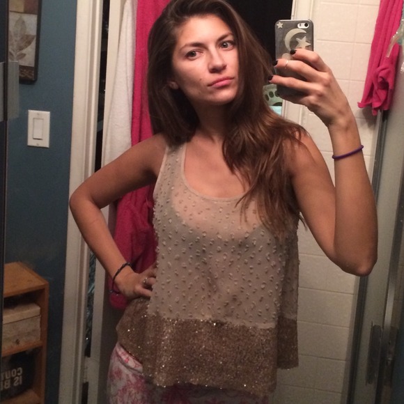 SOLD Sheer Sequins Rose Gold Taupe Multi tone top - Picture 3 of 4