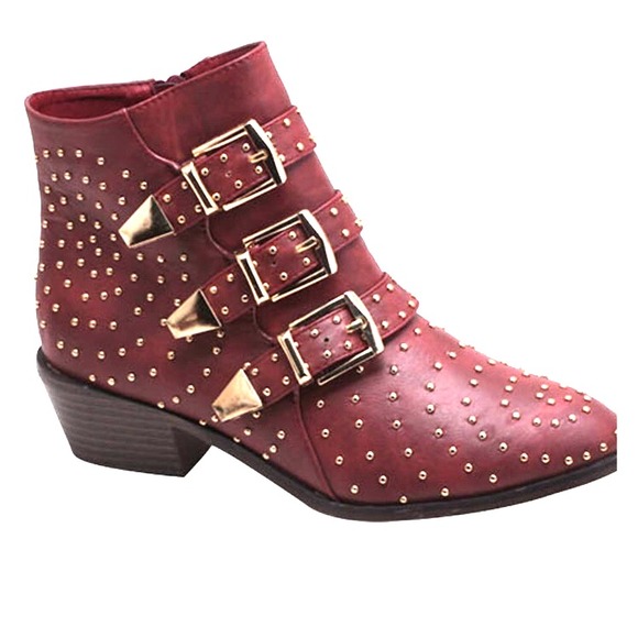 NWT Cabernet Sauvignon Buckle Studded Ankle Boot