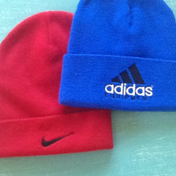 Red Nike and blue Adidas cotton beanies