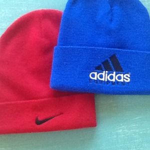 Red Nike and blue Adidas cotton beanies