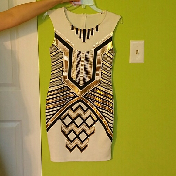 Gold and white aztec cocktail dress