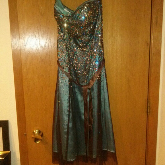 SCALA teal brown tulle prom sequin dress size M