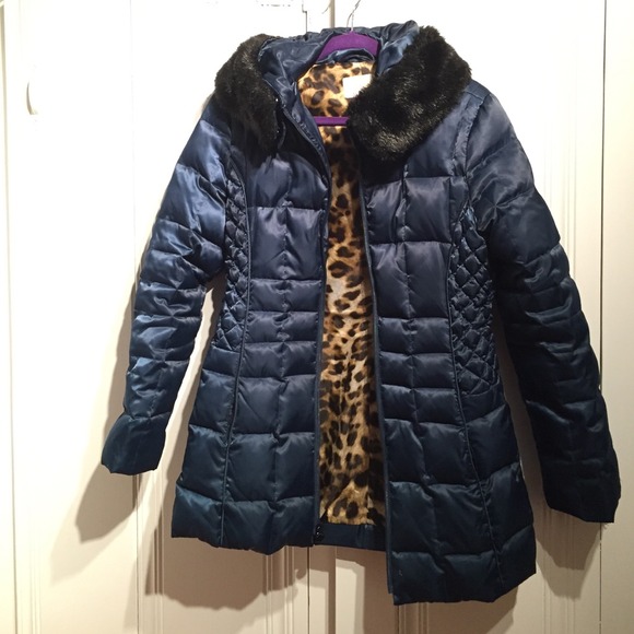 Blue Winter Jacket With Faux Fur Hood