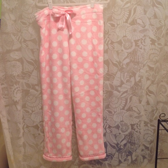 Pink and white polka dot fleece pants