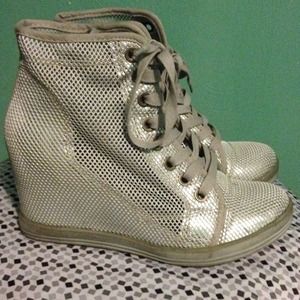 metallic wedge w/distressed flare worn 4 times