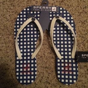 Sperry blue ginghm flip flops