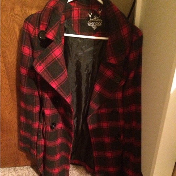 Red and black pea coat