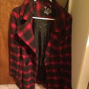 Red and black pea coat