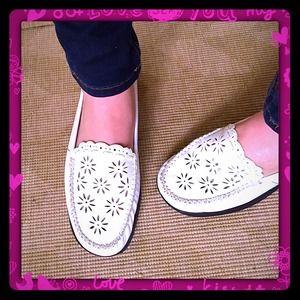 White leather flats