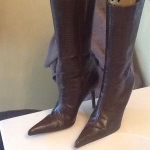 Brown Leather Lizard Emboss Boots(Statement piece)