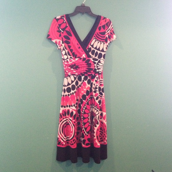 Knee length pink/black/white floral print dress
