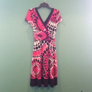 Knee length pink/black/white floral print dress
