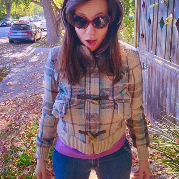 SO CUTE+WARM🍁Retro Wool Green Tan Crop Coat w/Hood - Picture 2 of 2