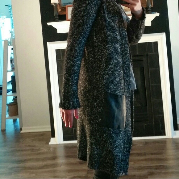 SOLD! Black and White Long Faux Leather Cardigan - Picture 2 of 3