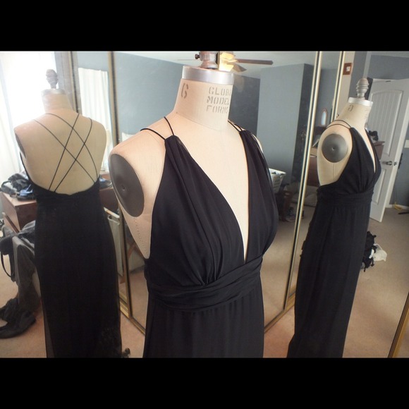 Deep v-neck , floor length evening gown--black