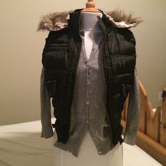 Black puffer vest with fur hood