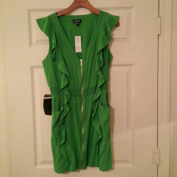 Green flutter trim zip front bebe dress