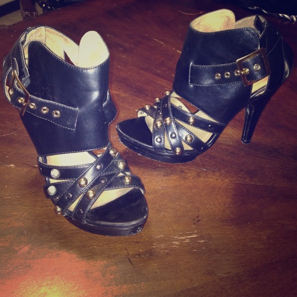 SOLD! Black and gold studded open toe booties