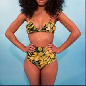 High-waisted leaf print bathing suit
