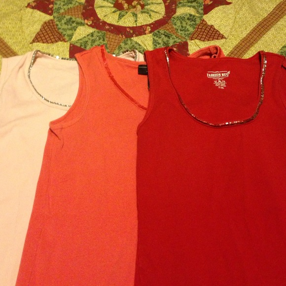 Three tanktops sequined embellished pink/coral/red