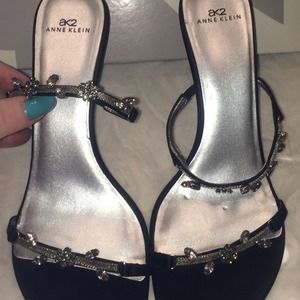 Anne Klein Bravo Black Satin & Crystal Pumps