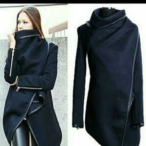 New! Navy Wool Wrap Jacket w/ Faux Leather Trim