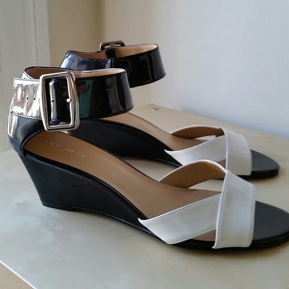 Nine West Black & White Wedge Sandals