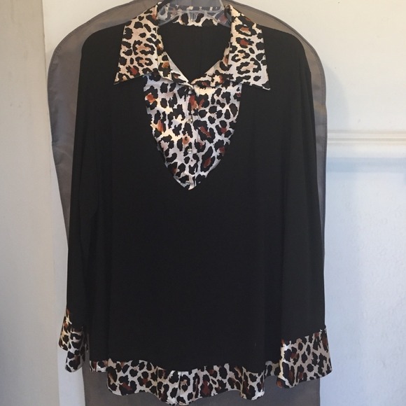 Black Tunic Blouse with cheetah print accents