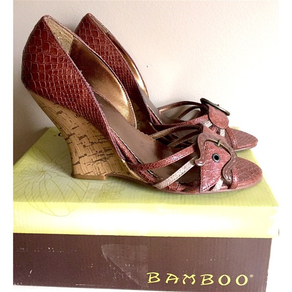 Bamboo Brown Faux Snakeskin Wedge Sandals