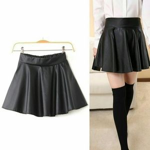 Black Faux Leather Mini Skater Skirt