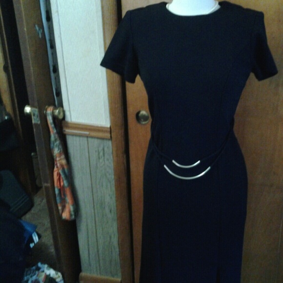 Navy blue long dress with split on lower left side