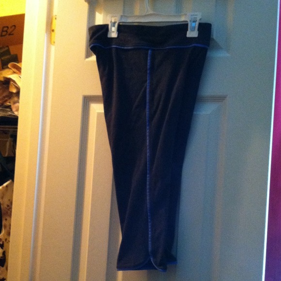 Dark gray yoga pants with blue trim