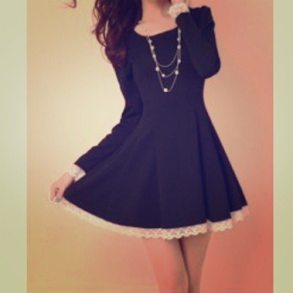 Lace trimmed long sleeve black dress