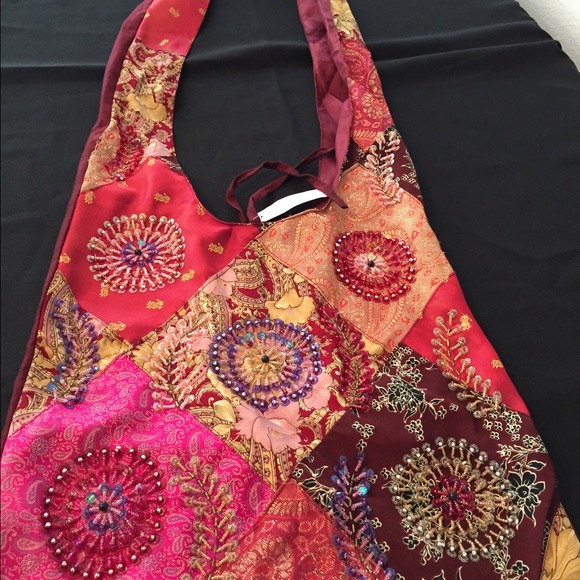 Burgundy Cross body cloth, sequin & bead bag