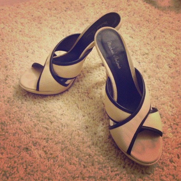 White and black strappy stiletto sandals