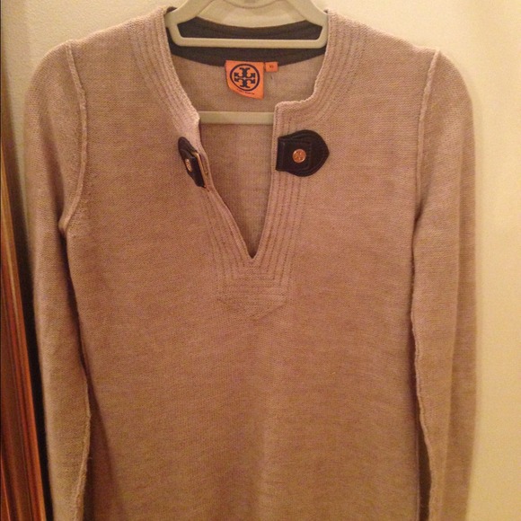Tory Burch tan sweater w leather buckle detail
