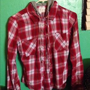 red/white/blue flannel with hoodie