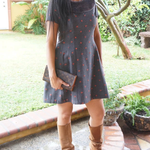 Babydoll dress with polka dots & faux fur neckline