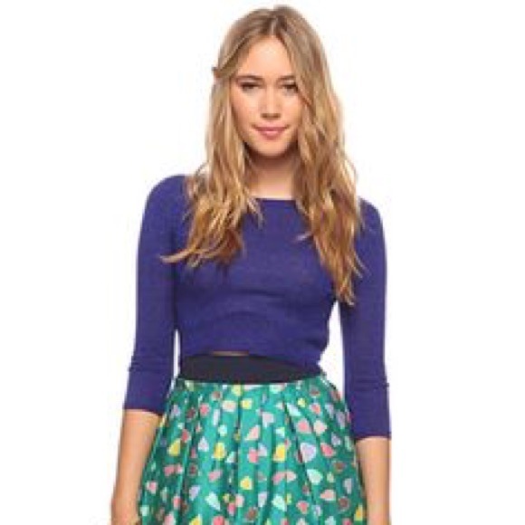 F21 Blue Metallic Threaded Cropped Sweater S