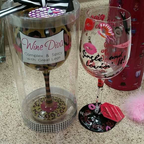 2 speciality decorated/painted wine glasses