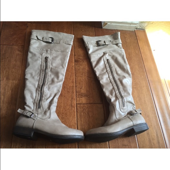 Light grey thigh high boots