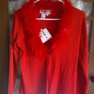New*Joseph A* Red Sprkle Sweater W/ Feather Collar