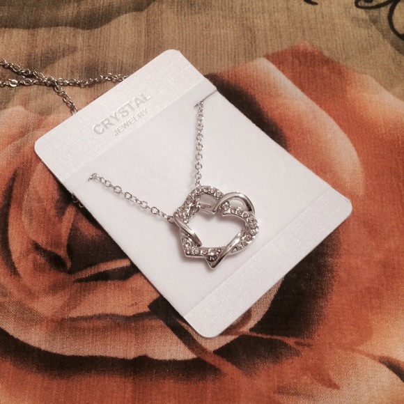 DOUBLE HEART SILVER PLATED CRYSTAL NECKLACE - Picture 1 of 3