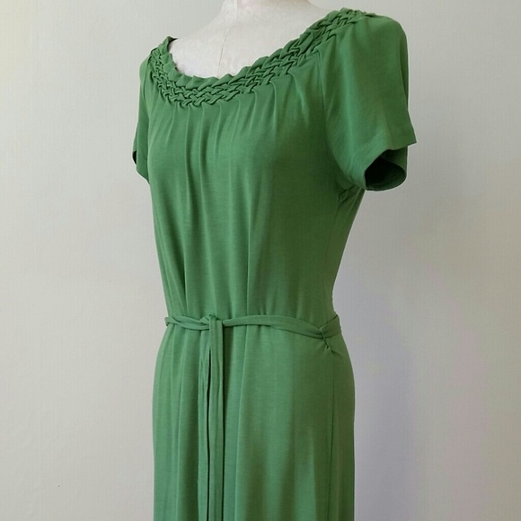 Talbots Green Round Neck Casual Belted Dress