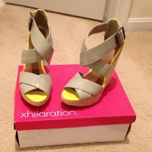 Grey wedge sandals.