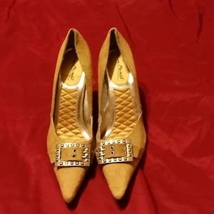 Pointed toe mustard suede heels