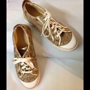 Coach Gold and Tan Canvas & Leather Tennis Shoes